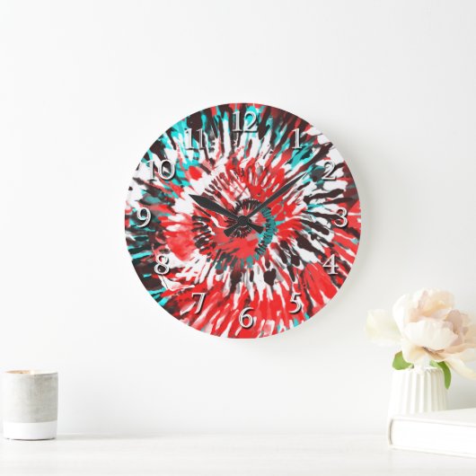 赤いティール（緑がかった色）の白黒及び灰色の絞り染め ラージ壁時計 (ホーム)