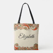 赤いティール（緑がかった色）フローラペイズリーフレーム付き名前キャンバス トートバッグ (裏面)