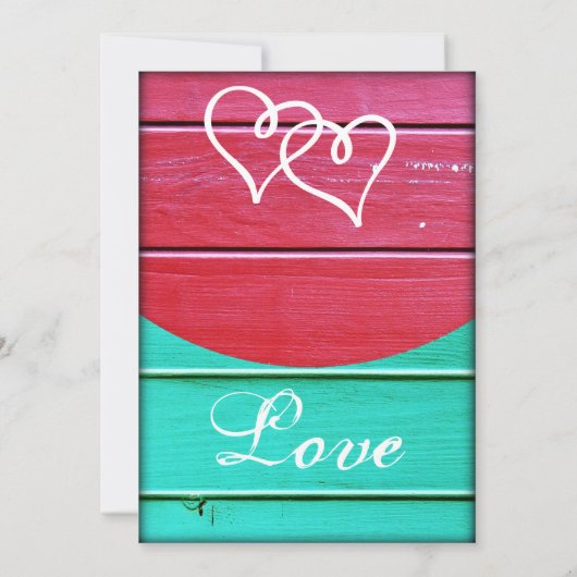 赤いティール(緑がかった色)木は招待を結婚する二重ハートに乗ります 招待状 (裏面)