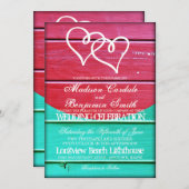 赤いティール(緑がかった色)木は招待を結婚する二重ハートに乗ります 招待状 (正面/裏面)