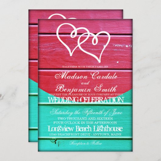 赤いティール(緑がかった色)木は招待を結婚する二重ハートに乗ります 招待状 (正面/裏面)