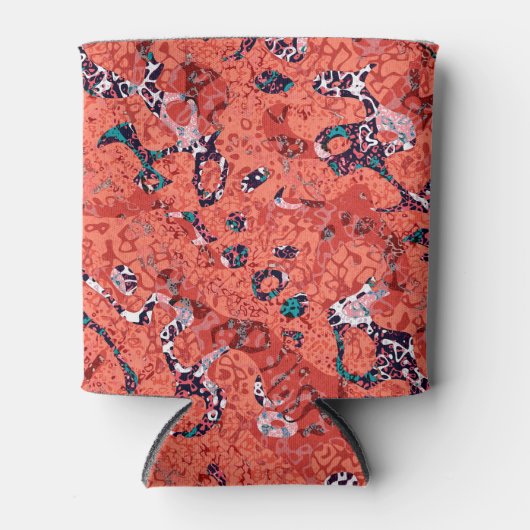 赤いティール（緑がかった色）白黒スポッテッドグラフィック抽象化 缶クーラー (正面)