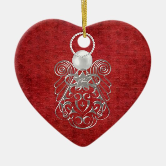 赤いテクスチャードのシェニールに平和のクリスマス天使 セラミックオーナメント (正面)