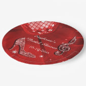 赤いディスコの球およびかかとのブライダルシャワー ペーパープレート (アングル)