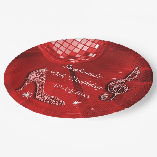 赤いディスコの球およびかかとの第95誕生日 ペーパープレート (アングル)