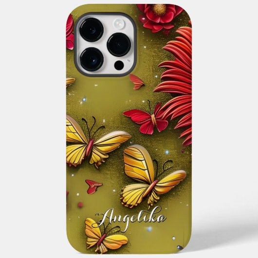 赤いデイジーと金の蝶のカスタムネーム Case-Mate iPhoneケース (裏面)