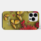 赤いデイジーと金の蝶のカスタムネーム iPhoneケース (裏面横)