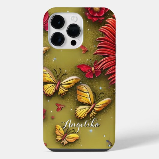 赤いデイジーと金の蝶のカスタムネーム iPhoneケース (裏面)