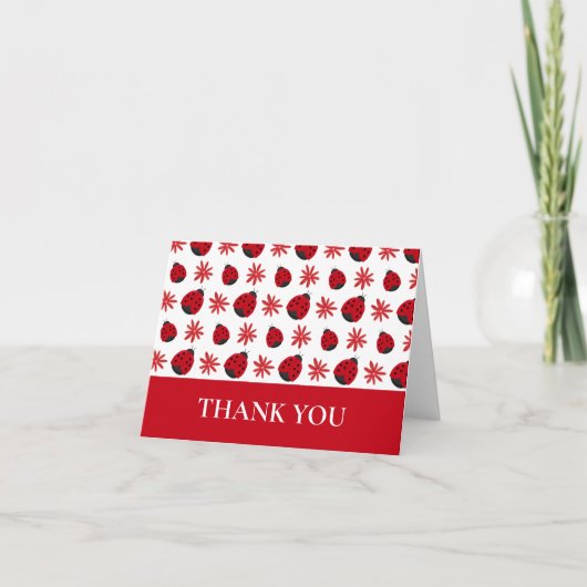 赤いデイジーレディバグパターン サンキューカード (正面)