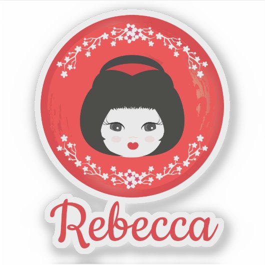 赤いデザインの日本のな女の子の人形 シール (正面)