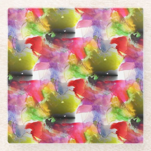 赤いデザインの質黄色い水彩画 ガラスコースター (正面)