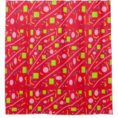 赤いデザイン、ピンクの緑の正方形と球形 シャワーカーテン (正面)