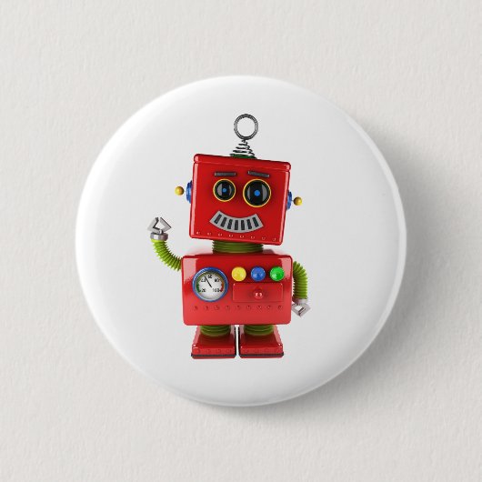 赤いトイロボットがハローを振る 缶バッジ (正面)