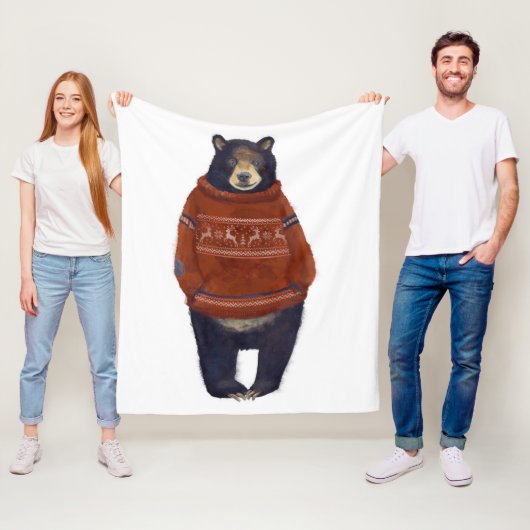 赤いトナカイのセーターくま フリースブランケット (インサイチュ)