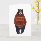 赤いトナカイのセーターを着たクマ カード (黄色い花)