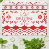 赤いトナカイ編み模様(白) キッチンタオル (折り畳み)