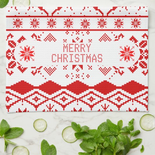 赤いトナカイ編み模様(白) キッチンタオル (折り畳み)