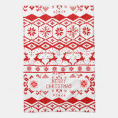 赤いトナカイ編み模様(白) キッチンタオル (縦)