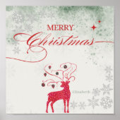 赤いトナカイ銀の雪の結晶グリーンクリスマス ポスター (正面)