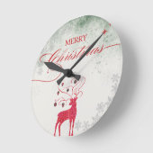 赤いトナカイ銀の雪の結晶グリーンクリスマス ラウンド壁時計 (傾斜)