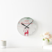 赤いトナカイ銀の雪の結晶グリーンクリスマス ラウンド壁時計 (ホーム)