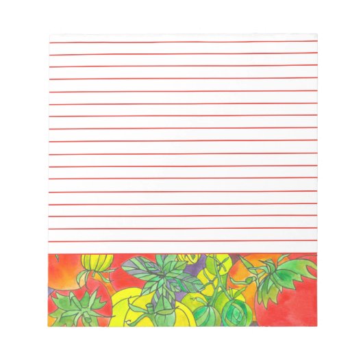 赤いトマトのバジルのハーブ水の色は赤い裏打ち ノートパッド (正面)