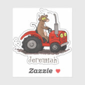 赤いトラクおもしろいターを運転する茶色の牛の漫画 シール (シート)