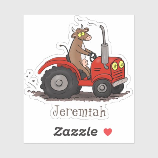 赤いトラクおもしろいターを運転する茶色の牛の漫画 シール (シート)