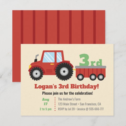 赤いトラクターと台車の子供の誕生日パーティー 招待状 (正面/裏面)