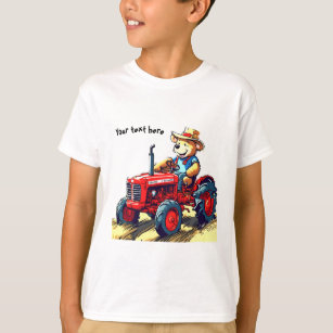 赤いトラクターに幸せなテディベア Tシャツ
