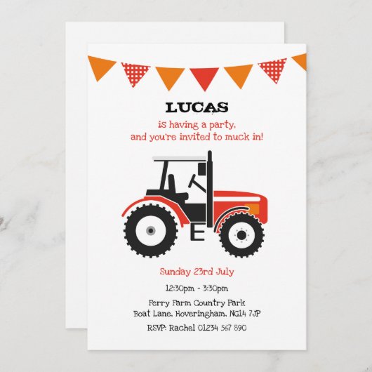 赤いトラクターの誕生会の招待 招待状 (正面/裏面)
