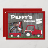 赤いトラクターの誕生日の招待状: カートの写真 招待状 (正面/裏面)