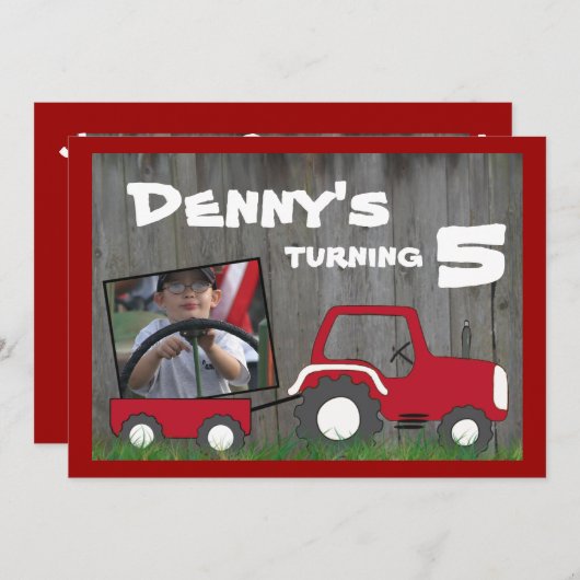 赤いトラクターの誕生日の招待状: カートの写真 招待状 (正面/裏面)