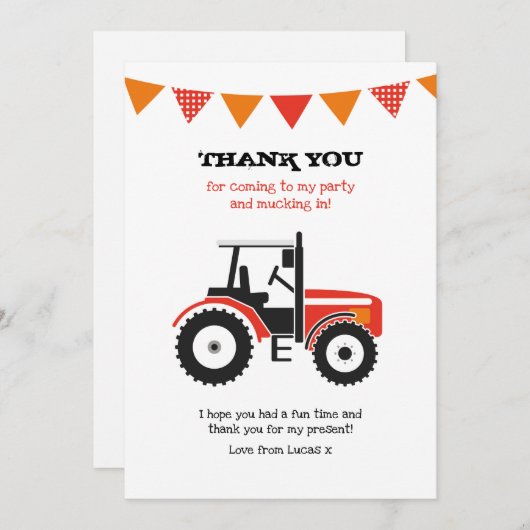 赤いトラクターの誕生日はメッセージカード感謝していしています サンキューカード (正面/裏面)
