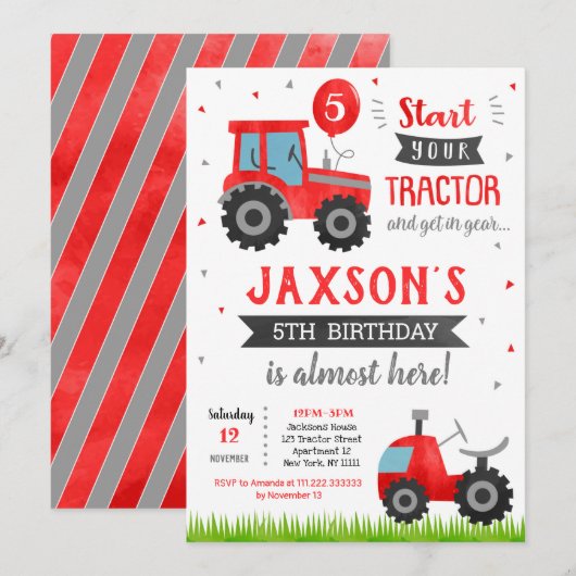 赤いトラクターの誕生日パーティー招待状 招待状 (正面/裏面)
