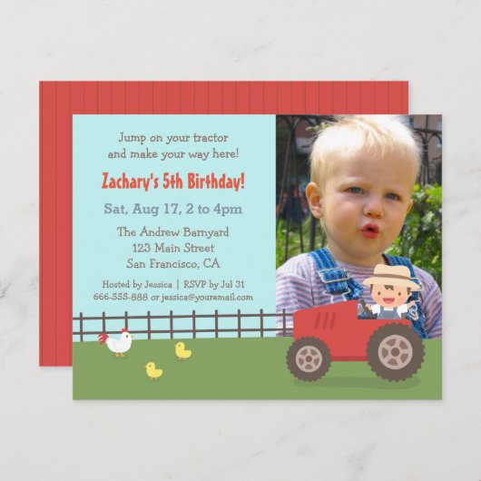 赤いトラクターの農場の誕生会の写真の招待状 招待状 (正面/裏面)