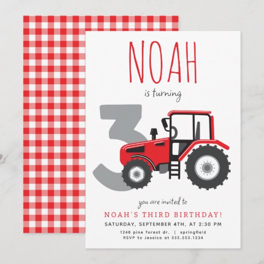 赤いトラクターの3歳誕生日招待状 招待状 (正面/裏面)