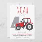 赤いトラクターの4歳誕生日招待状 招待状 (正面)