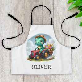 赤いトラクターを運転するかわいいトレックス恐竜 エプロン