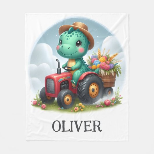 赤いトラクターを運転するかわいいトレックス恐竜 フリースブランケット (正面)