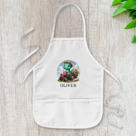 赤いトラクターを運転するかわいいトレックス恐竜 子供用エプロン