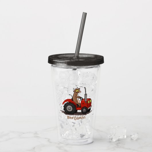 赤いトラクター漫画を運転する可愛い幸せな牛 アクリルタンブラー (アイス裏面)