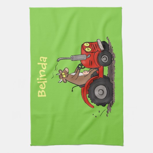 赤いトラクター漫画を運転する可愛い幸せな牛 キッチンタオル (縦)