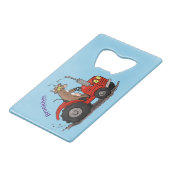 赤いトラクター漫画を運転する可愛い幸せな牛 クレジットカード栓抜き (正面アングル)