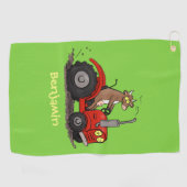 赤いトラクター漫画を運転する可愛い幸せな牛 ゴルフタオル (横)