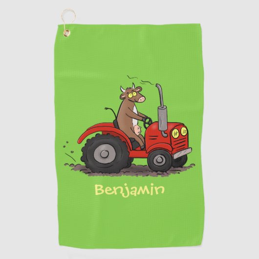 赤いトラクター漫画を運転する可愛い幸せな牛 ゴルフタオル (正面)