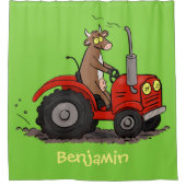 赤いトラクター漫画を運転する可愛い幸せな牛 シャワーカーテン (正面)