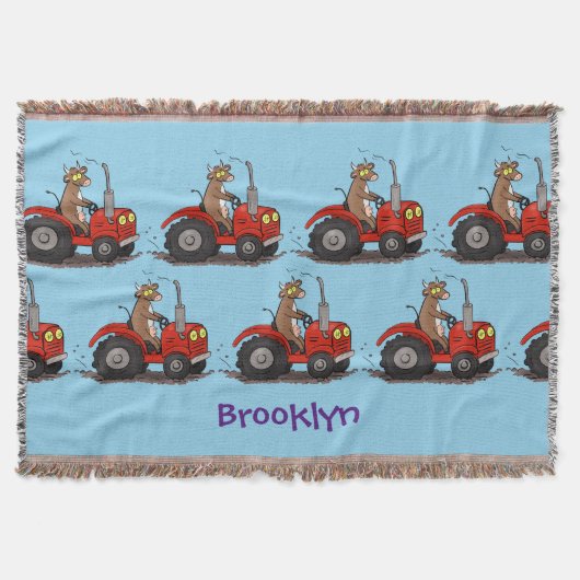 赤いトラクター漫画を運転する可愛い幸せな牛 スローブランケット (正面)