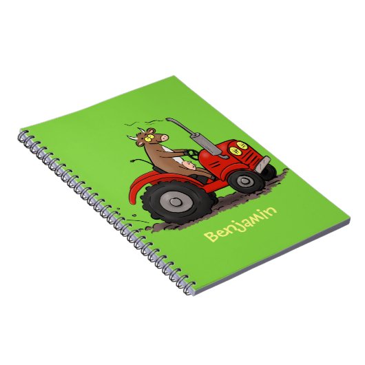 赤いトラクター漫画を運転する可愛い幸せな牛 ノートブック (右側)