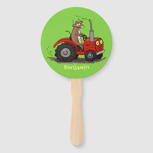 赤いトラクター漫画を運転する可愛い幸せな牛 ハンドファン (正面)